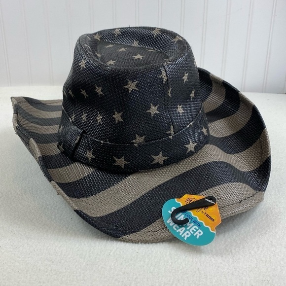 USA Flag Design Cowboy Hat Khaki and Dark Gray‎ Stripes and Stars One Size - Picture 4 of 16